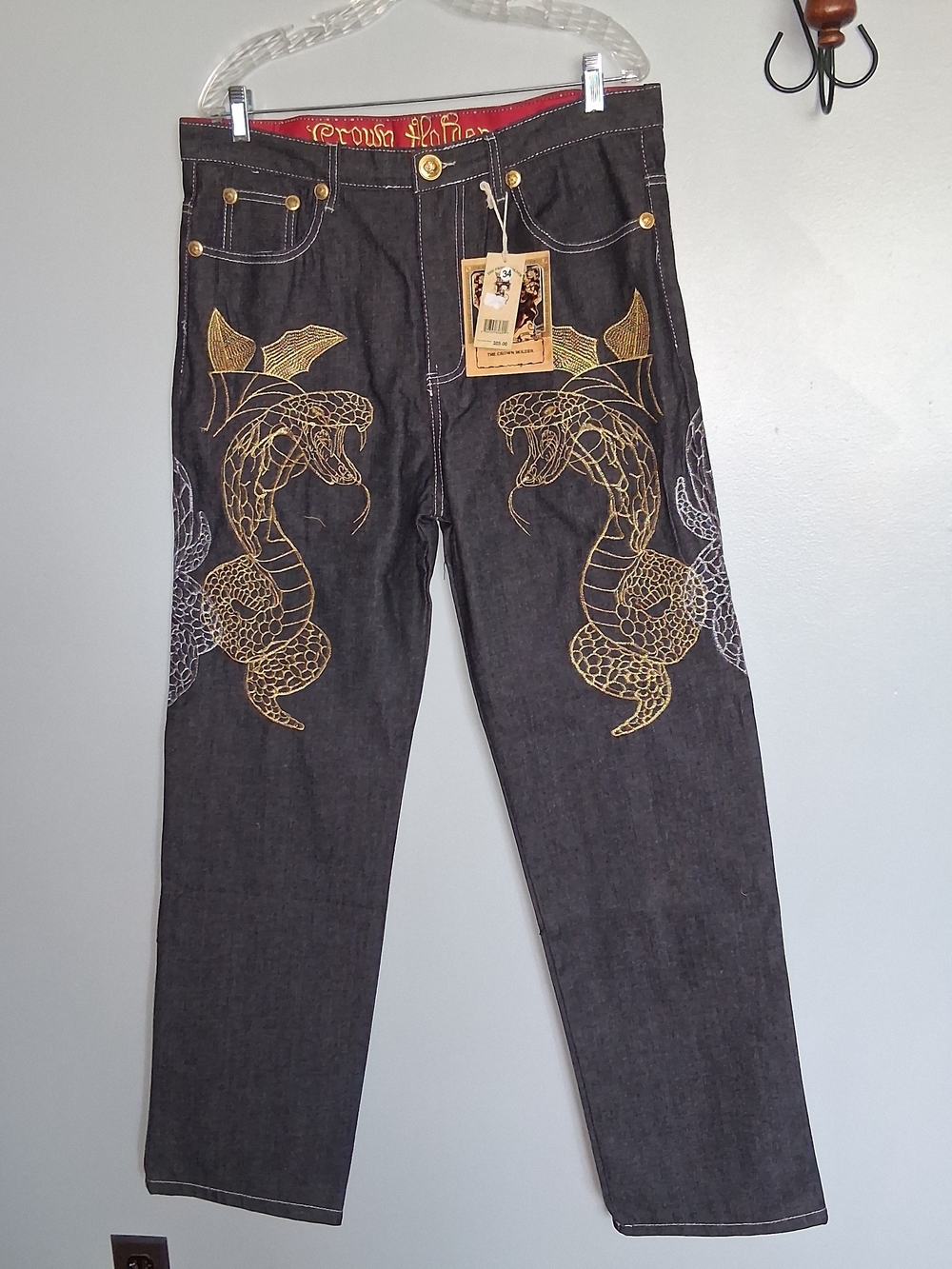 Vintage Y2k Men's Black Denim Jeans with Gold Snake Embroidery NWT